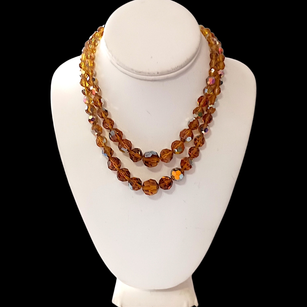 Vtg Valjean Root Beer Crystal Bead Necklace‎ Aurora Borealis AB Double Strand